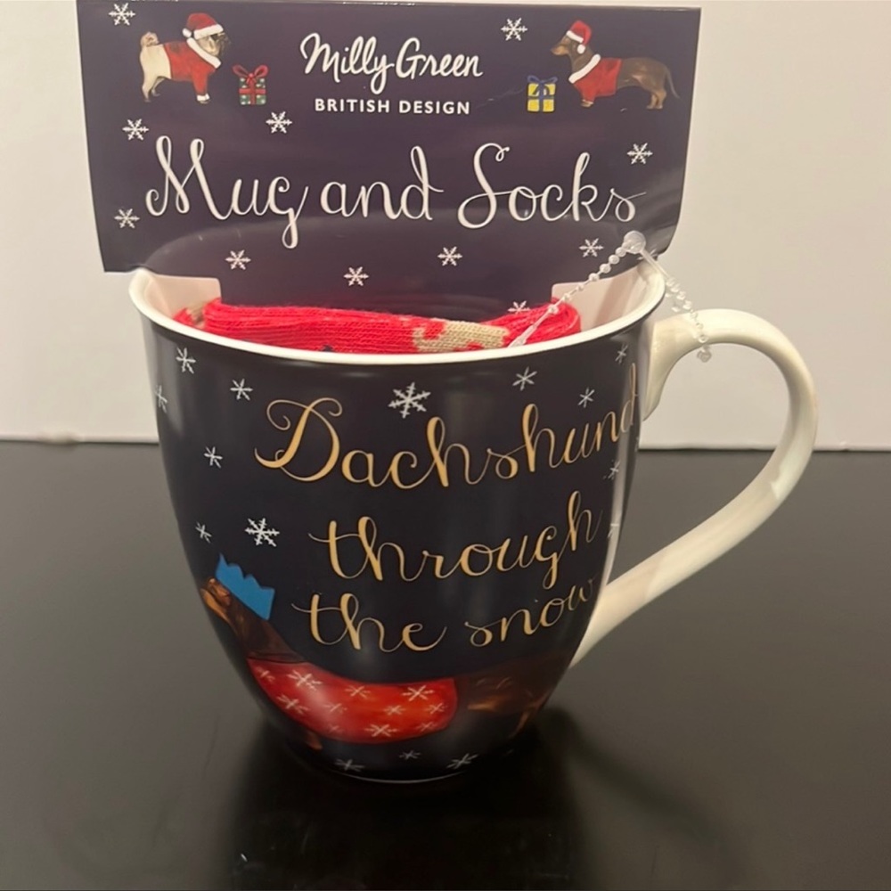 Milly Green British Design Mug and Socks “Dachshund through the snow” Christmas